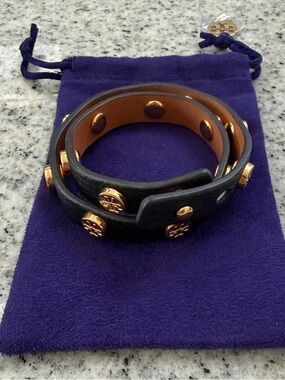Authentic Tory Burch Black Leather Wrap Bracelet with Gold Studs